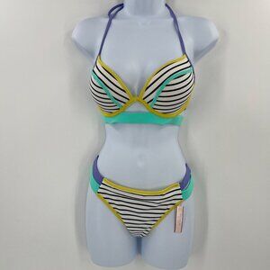 NWT VS Swim Hottie Set 32D M Push Up Bikini Black Stripe Neon Colorblock Itsy